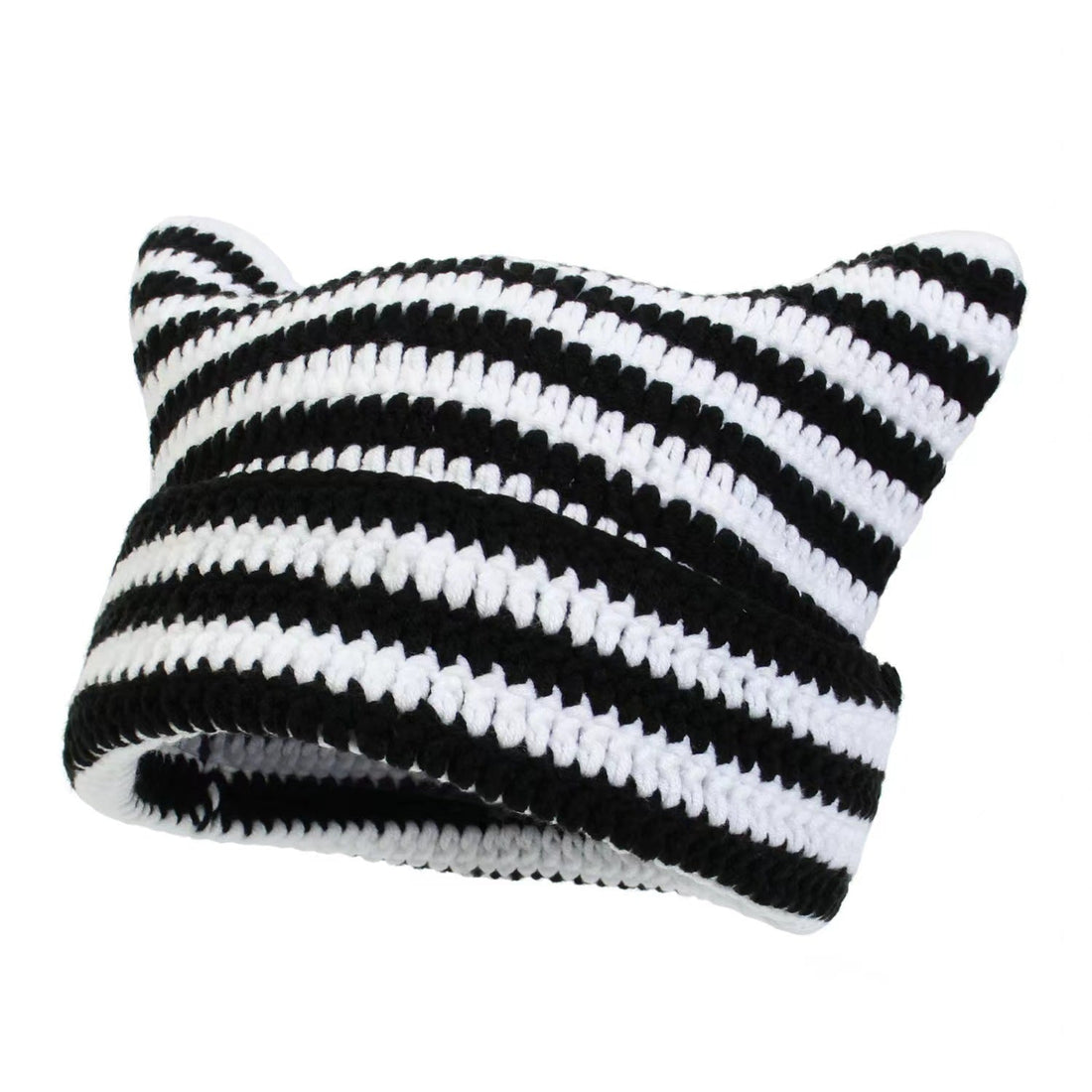 Women's Hand Knitted Striped Cat Beanie Hat