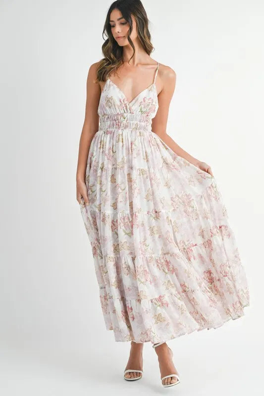 Floral Print Tiered Cami Maxi Summer Dress in White or Pink