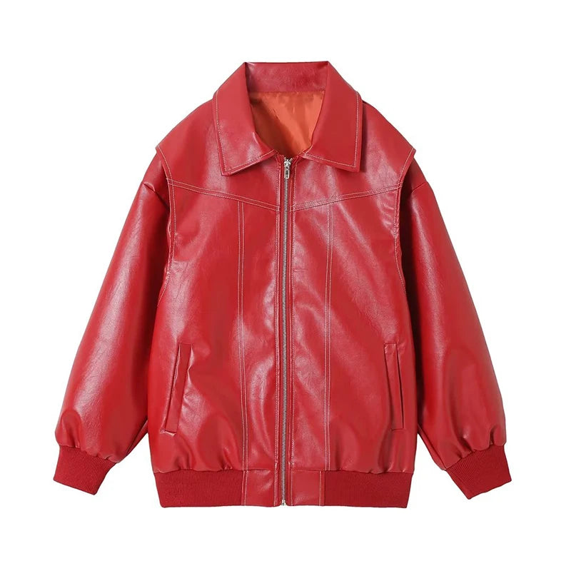 A model wearing an oversized red faux leather bomber jacket with a wide collar, ribbed cuffs, and a zipper closure, showcasing the casual Harajuku style.