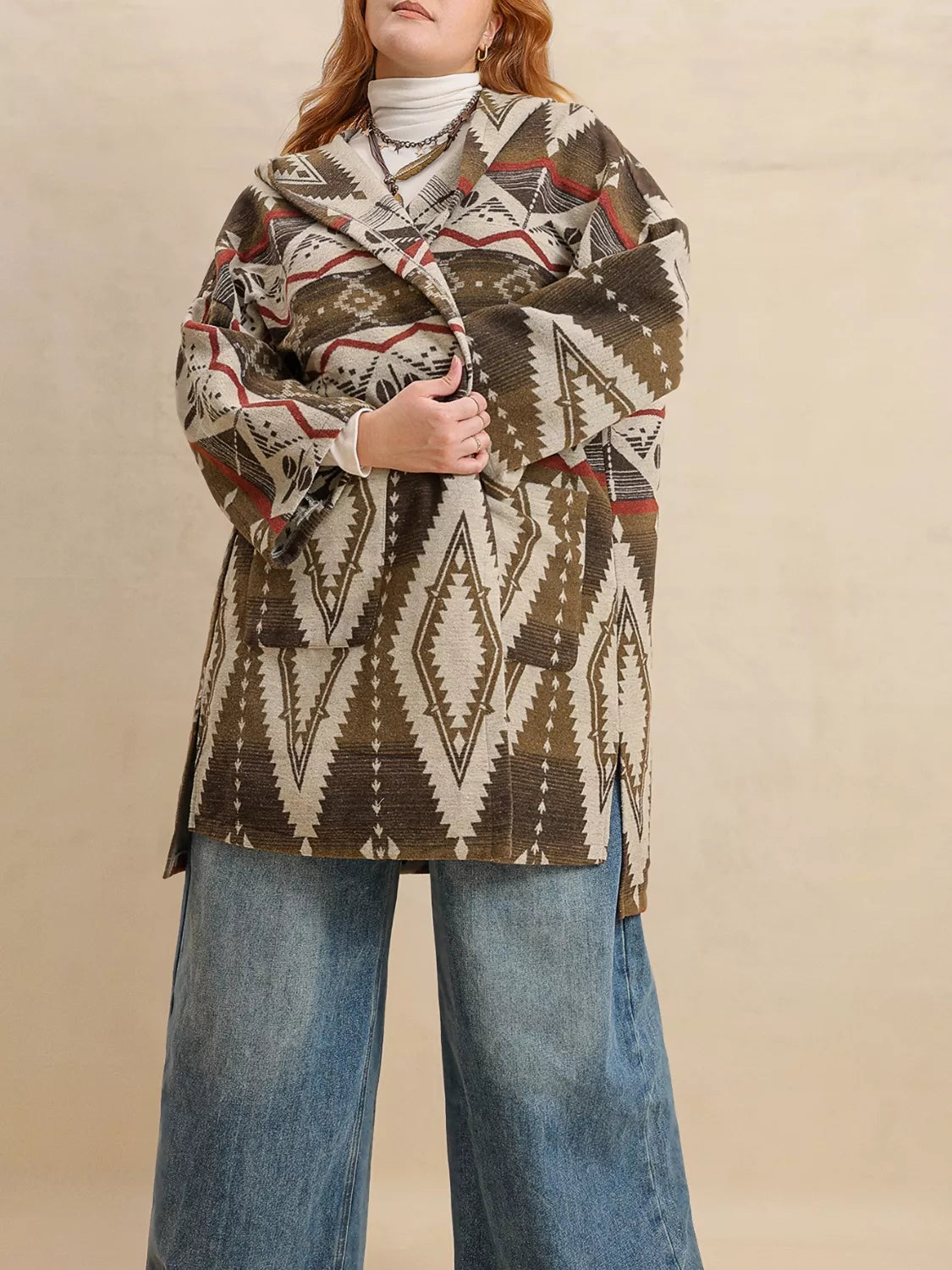 Aztec Print Hooded Open Front Cardigan with Pockets