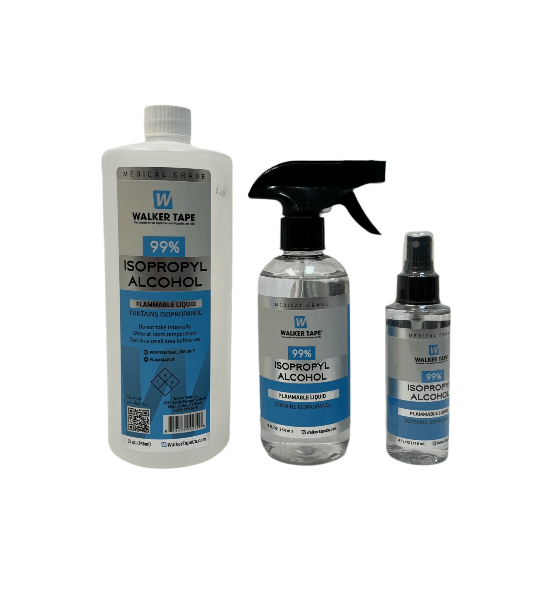Medical grade 99% isopropyl alcohol bottle in clear plastic with white and blue labeling.