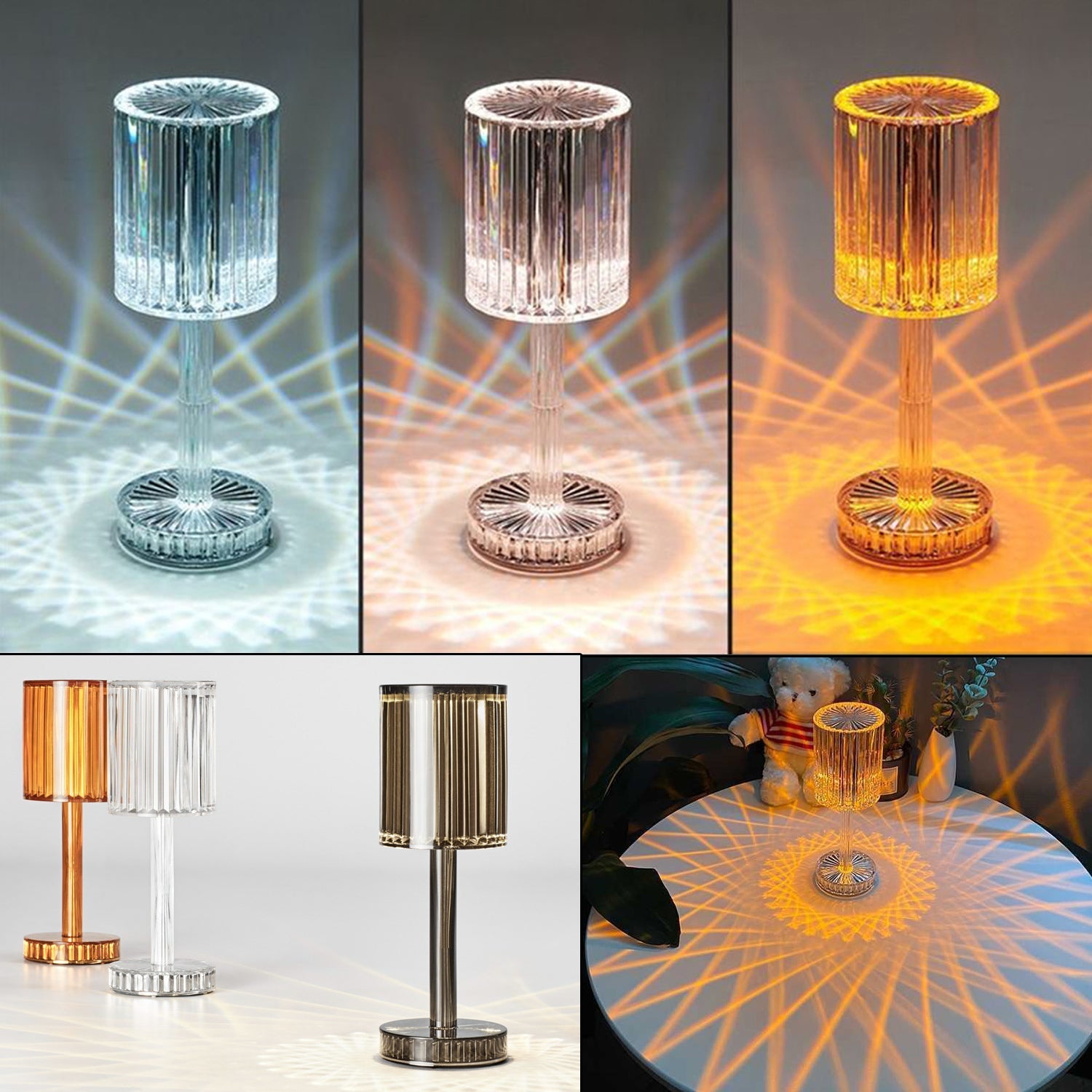 Crystal diamond touch-control table lamp glowing with warm white LED light on a nightstand.