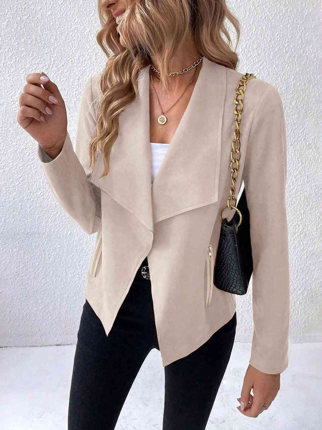 Women's Minimalist Collared Long Sleeve Jacket - Everyday Wear