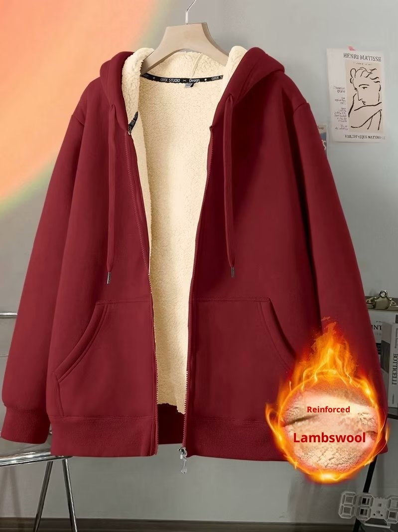 Cozy Lambswool Lined Zip Up Hoodie in Black and Red - Image 13