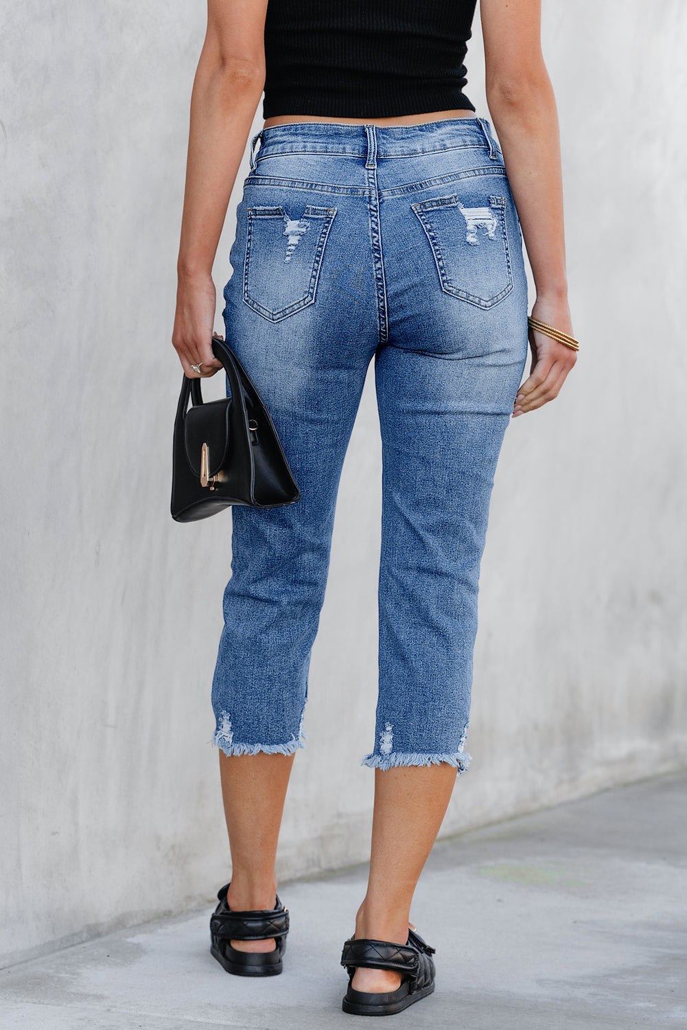 Georgia High-Rise Distressed Skinny Capri Jeans in Medium Blue