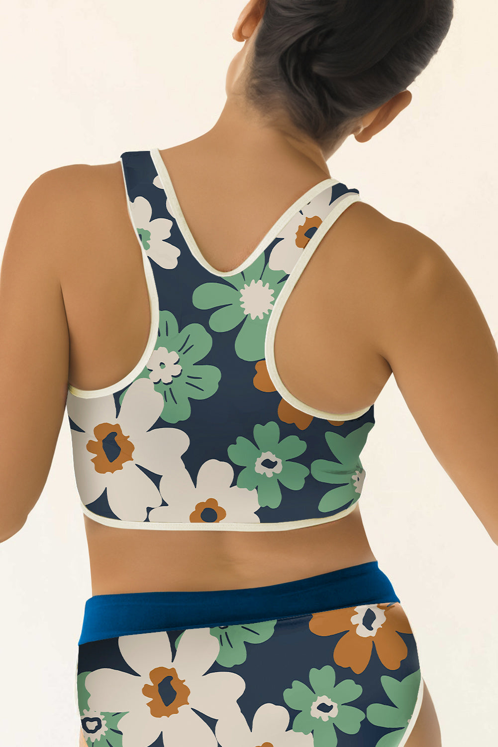 Blue Floral Zip Collar High Waist Bikini Top