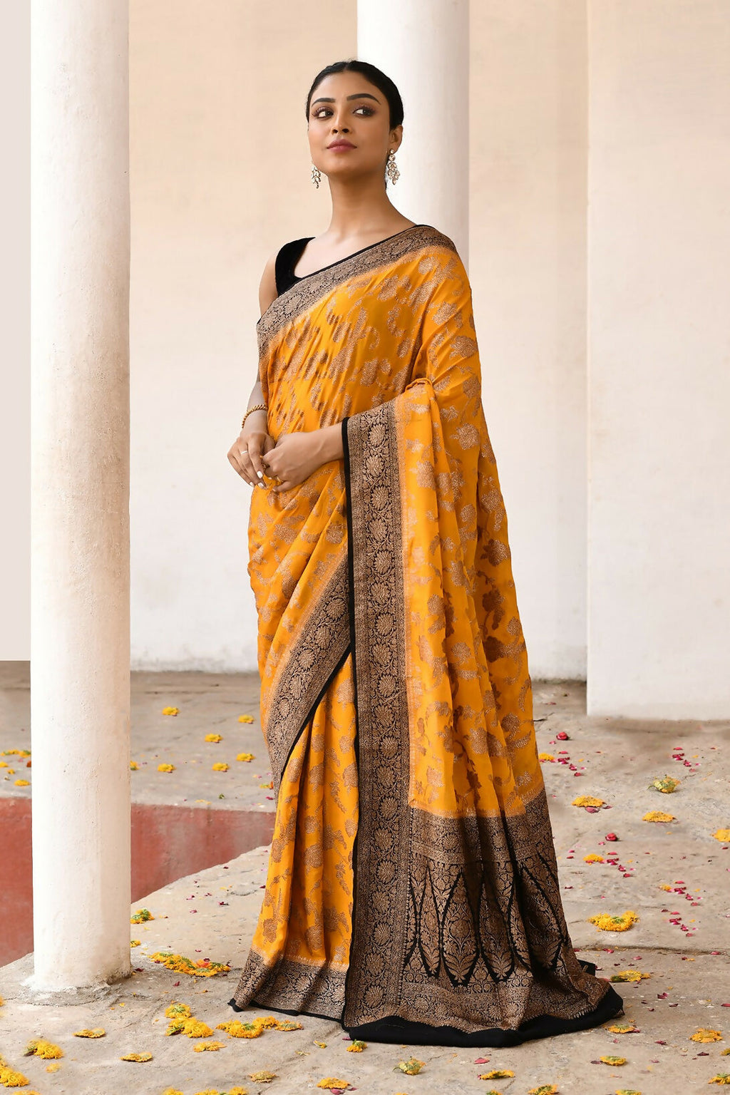 Vibrant Yellow Crepe Chiffon Pure Handloom Banarasi Silk Saree