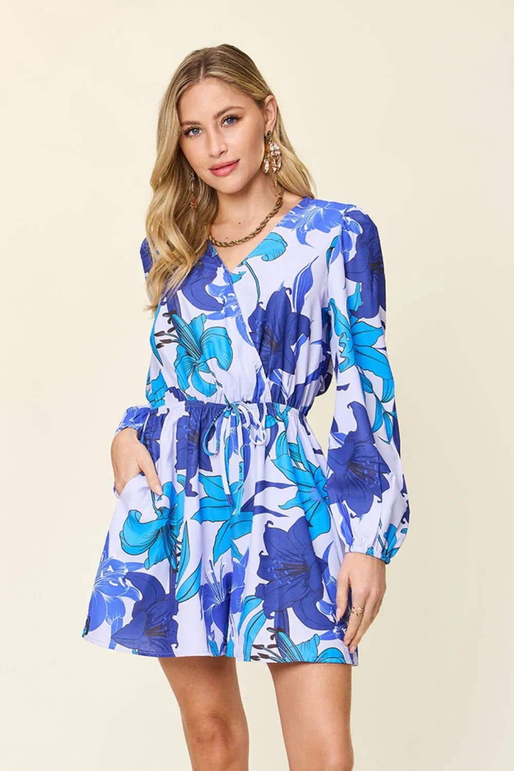 Floral Long Sleeve V-Neck Romper with Pockets | Relaxed Fit