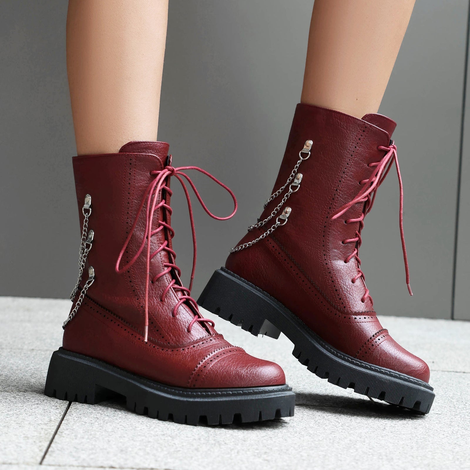 Women's Lace-Up Mid-Calf Chunky Heel Boots with Chain Detail - Image 2