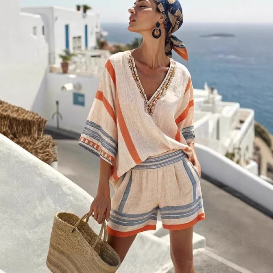 Women’s Linen Striped V-Neck Top and Shorts Set - Image 3