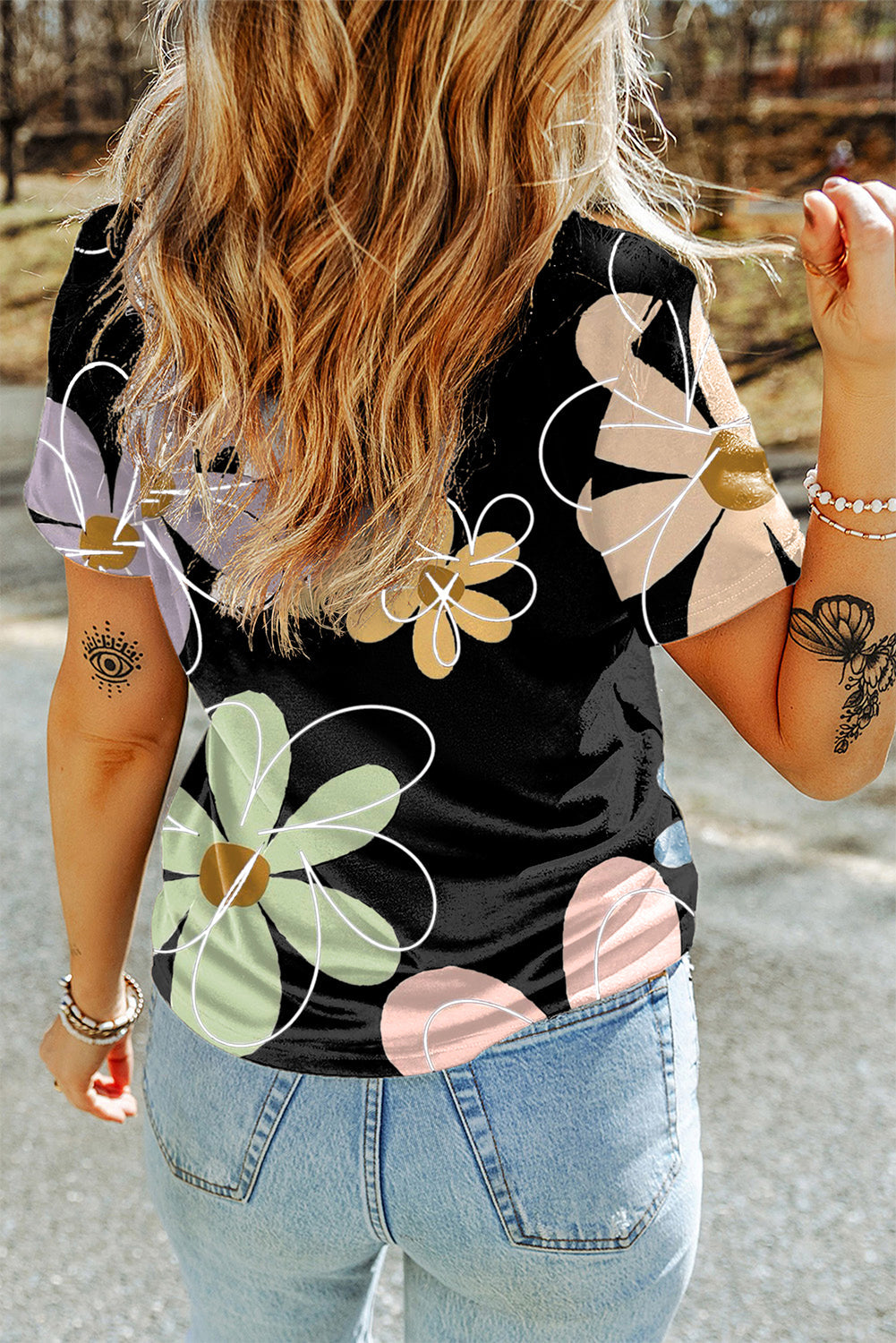 Black Summer Flower Print Casual Round Neck T-Shirt