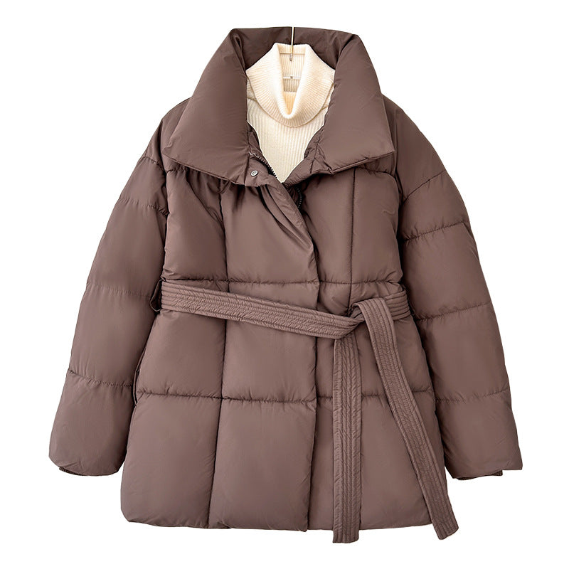 Women's Chic Brown Puffer Parka with High Stand Collar & Belt - Image 5
