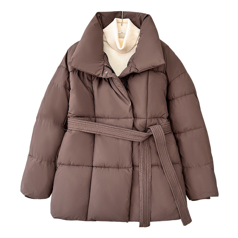 Women's Chic Brown Puffer Parka with High Stand Collar & Belt - Image 5