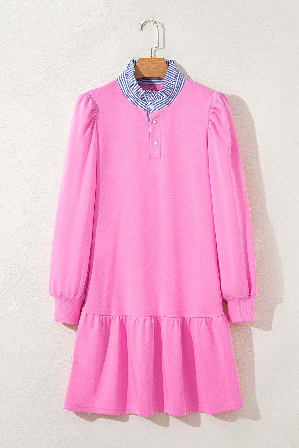 Stripe Contrast Collar Puff Sleeve Ruffle Mini Dress