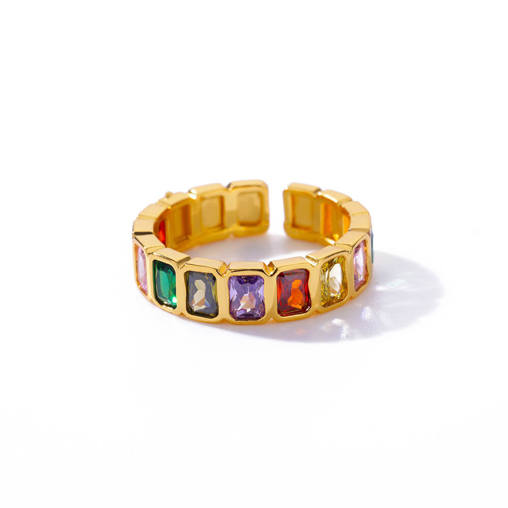 Womens Colorful Square Zircon Inlaid Open-End Ring
