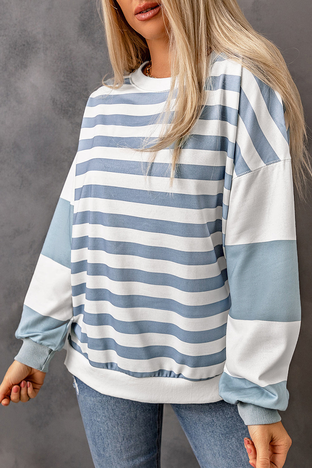 Women's Striped Crew Neck Sweatshirt with Colorblock Sleeves - Image 5