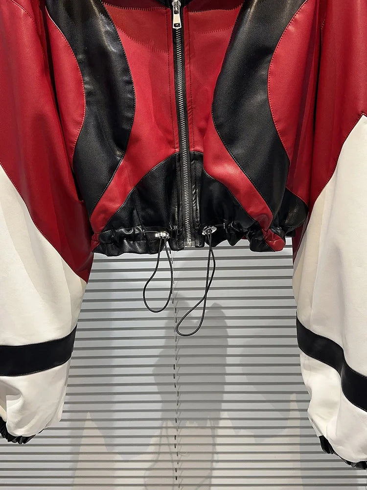 Women's Harajuku Contrast Patchwork Leather Motorcycle Jacket - Image 3