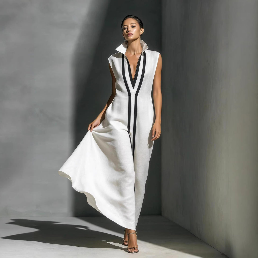 Women's V-Neck Color-Block Sleeveless A-Line Maxi Dress - Image 4