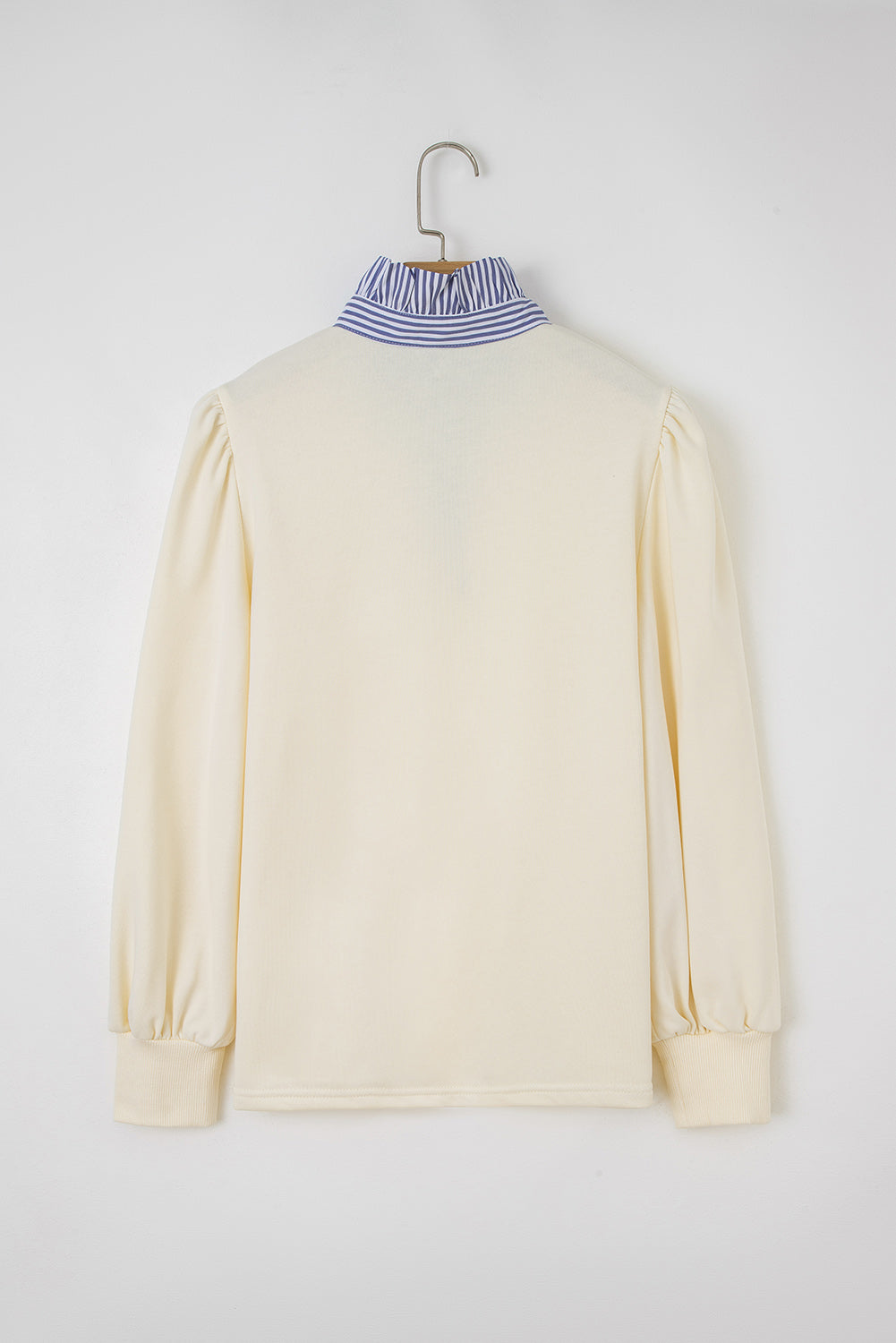 White Striped Patchwork Puff Sleeve Button Collar Sweatshirt