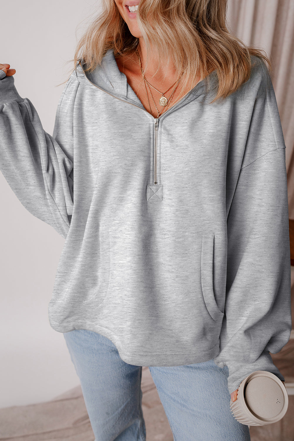 Orange Half Zipper Hoodie with Kangaroo Pockets | Drop Shoulder
