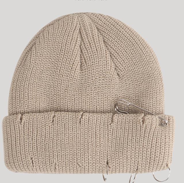 Women's Playful Japanese Knit Beanie Hat with Safety Pins - Image 8