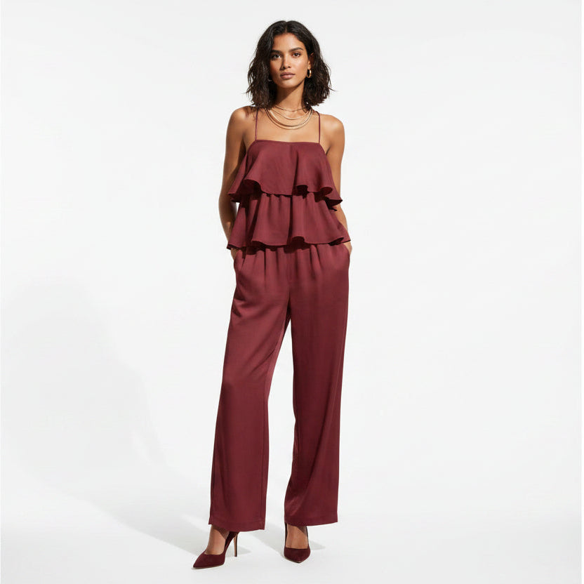 Women's Ruffled Camisole and Casual Wide Leg Pants Set
