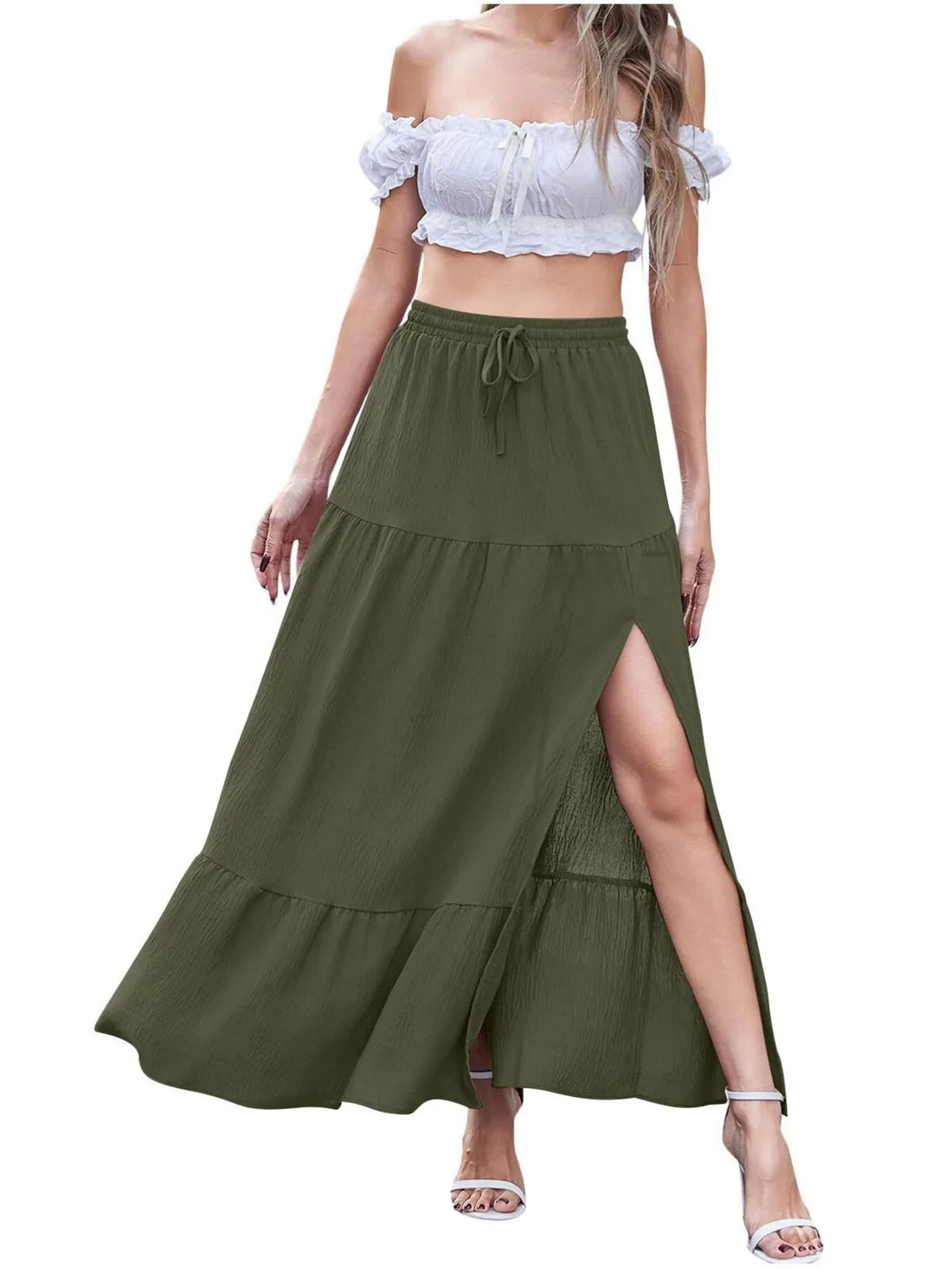 White Tiered Ruffled Maxi Skirt with Side Slit - Image 13