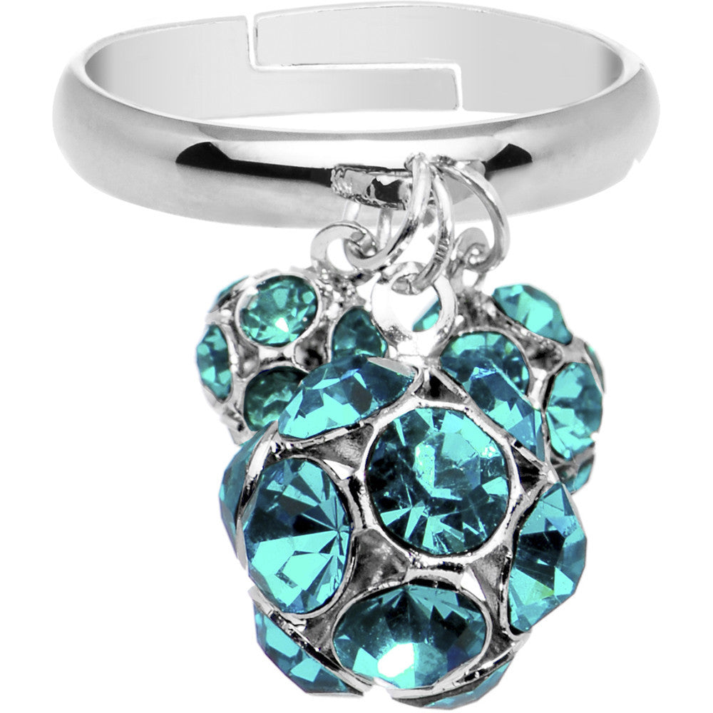 Silver-tone adjustable ring featuring a dangling cluster of three vibrant zircon blue gem-paved balls