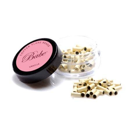 Container of 3.5 mm copper flare beads for hair extensions in vanilla and black colors
