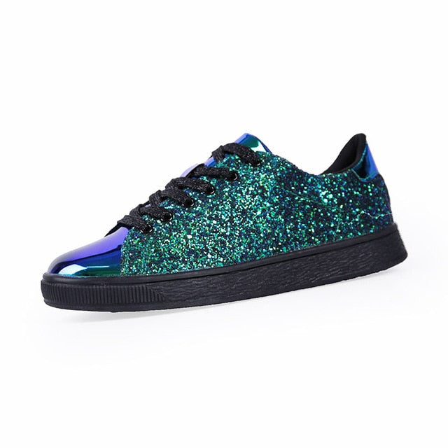 Women's Bling Green Glitter Metallic Lace-Up Sneakers - Image 7