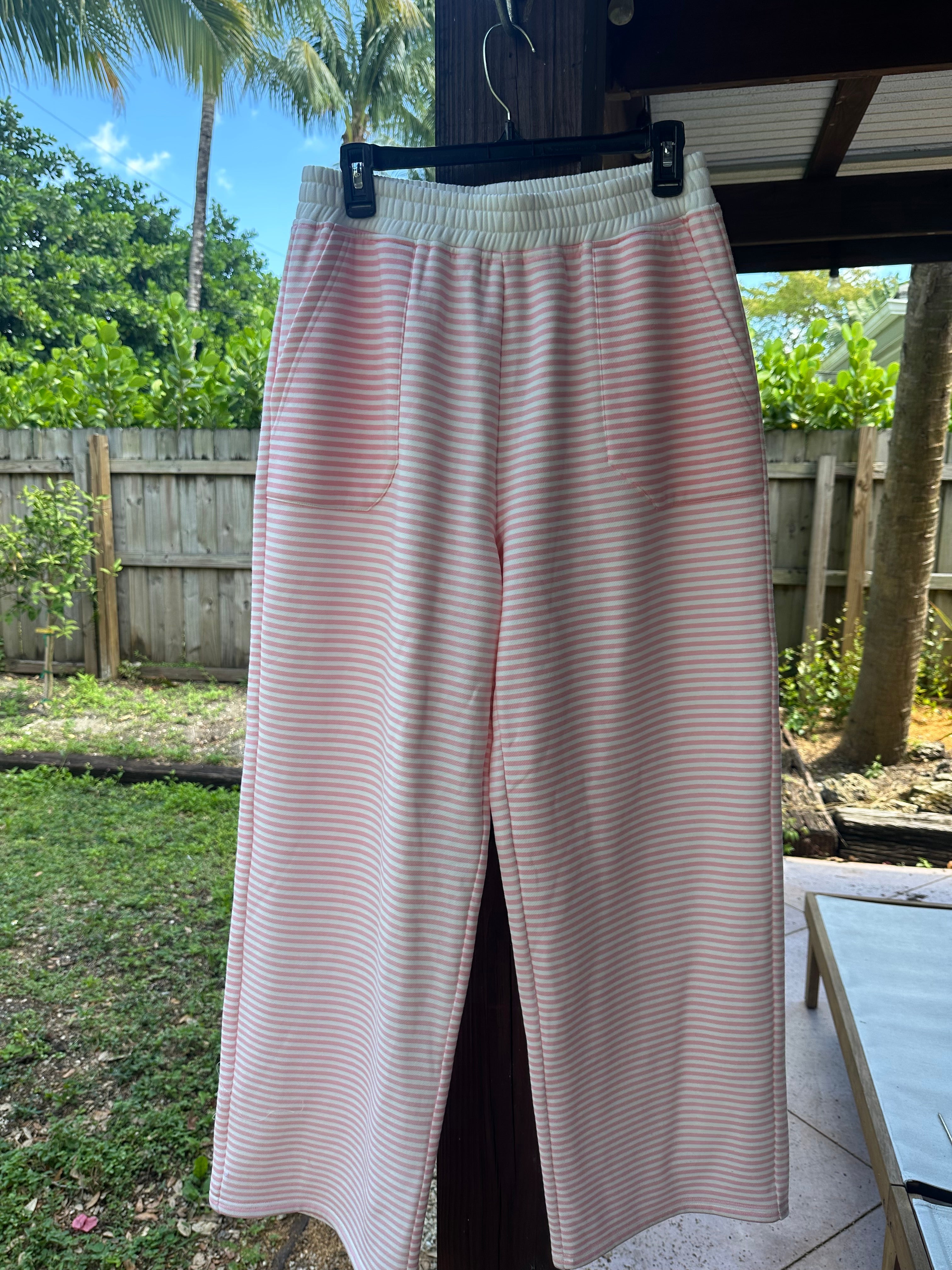 Light Pink and White Striped Unisex Sweatpants Lounge Bottoms