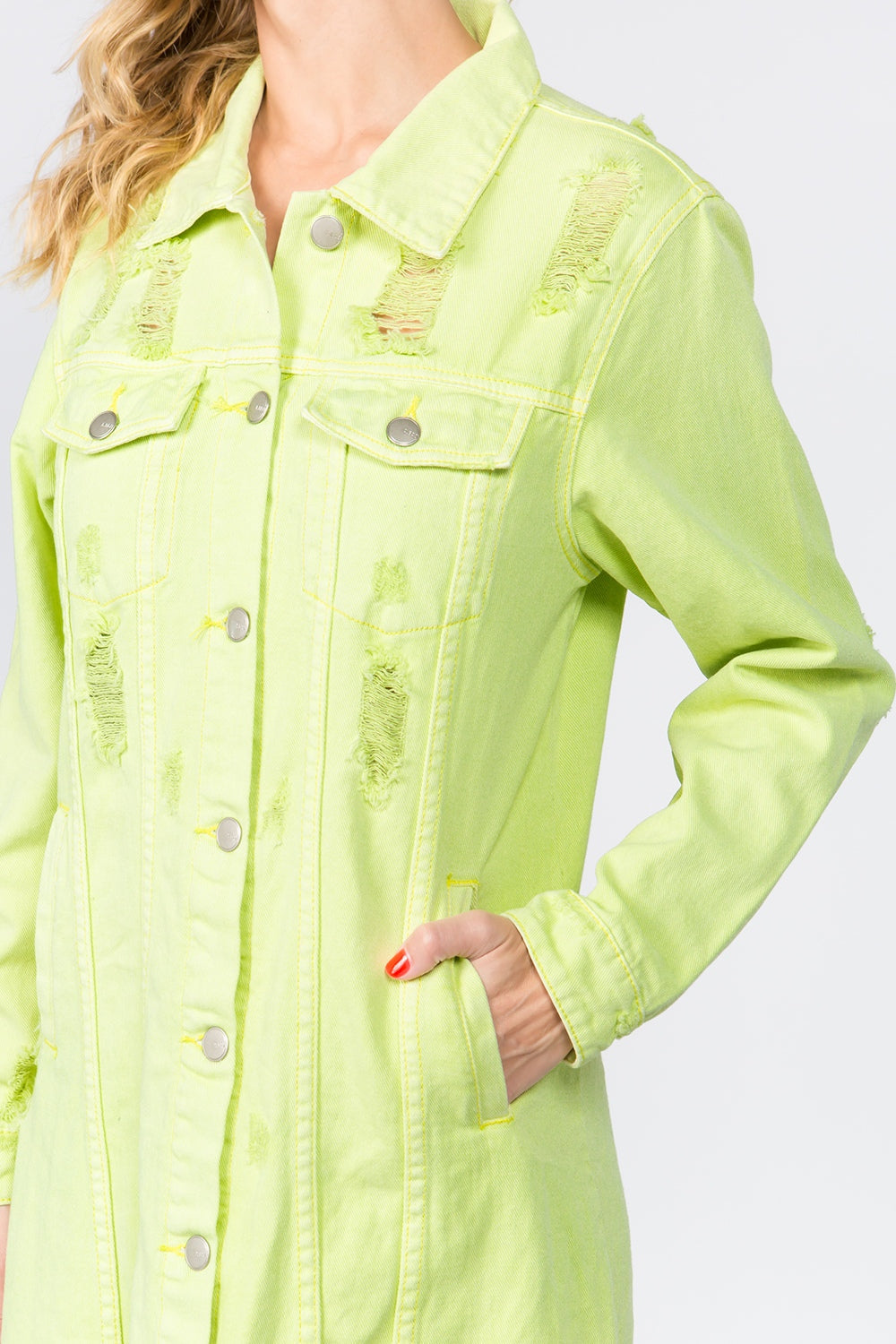 Lime Green Distressed Denim Shirt Dress for Women