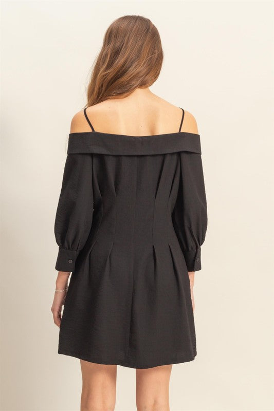 Black Button Down Spaghetti Strap Mini Dress with Pockets