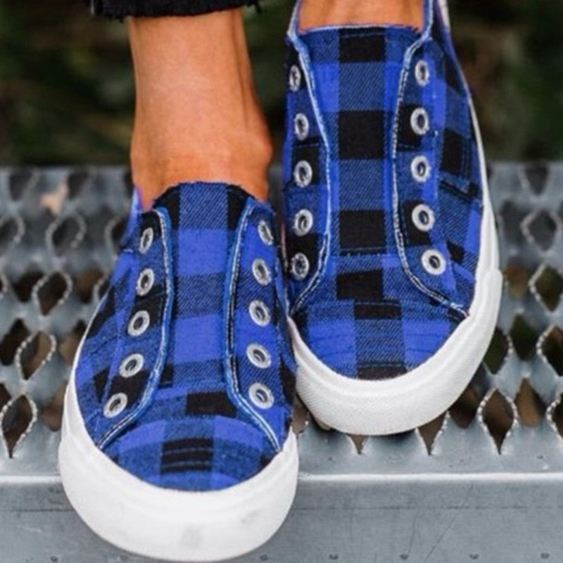 Women's Plaid Canvas Slip-On Sneakers - Black & Blue Options - Image 2