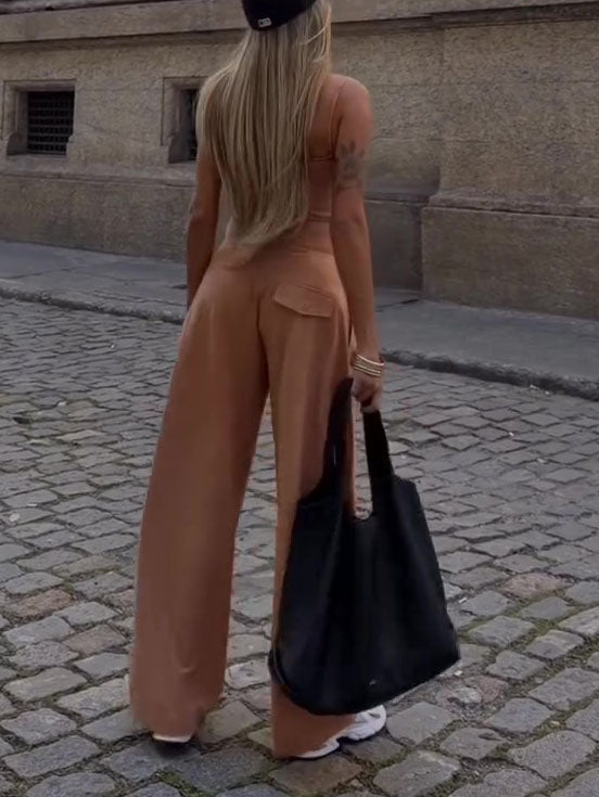 Spaghetti Strap Corset Top and Wide-Leg Pants Set in Camel - Image 6
