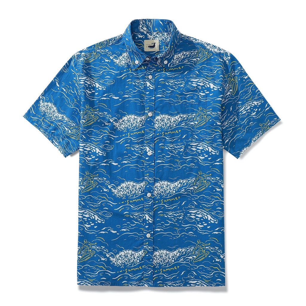 Men's cotton button-down shirt featuring an ocean wave pattern and shell buttons