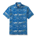 Men's cotton button-down shirt featuring an ocean wave pattern and shell buttons