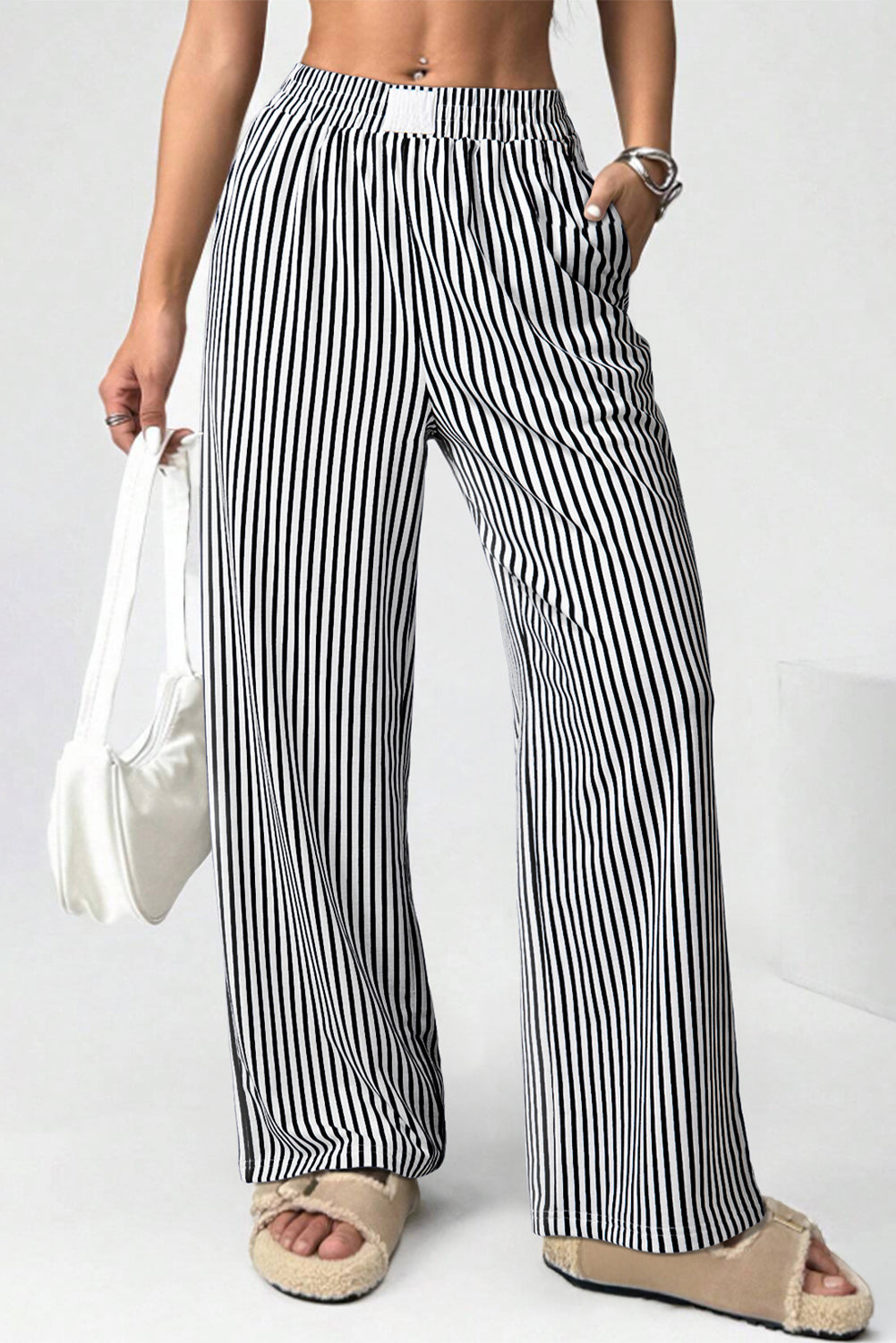 Black Stripe Elastic High Waist Loose Pants with Pockets