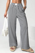 Black Stripe Elastic High Waist Loose Pants with Pockets