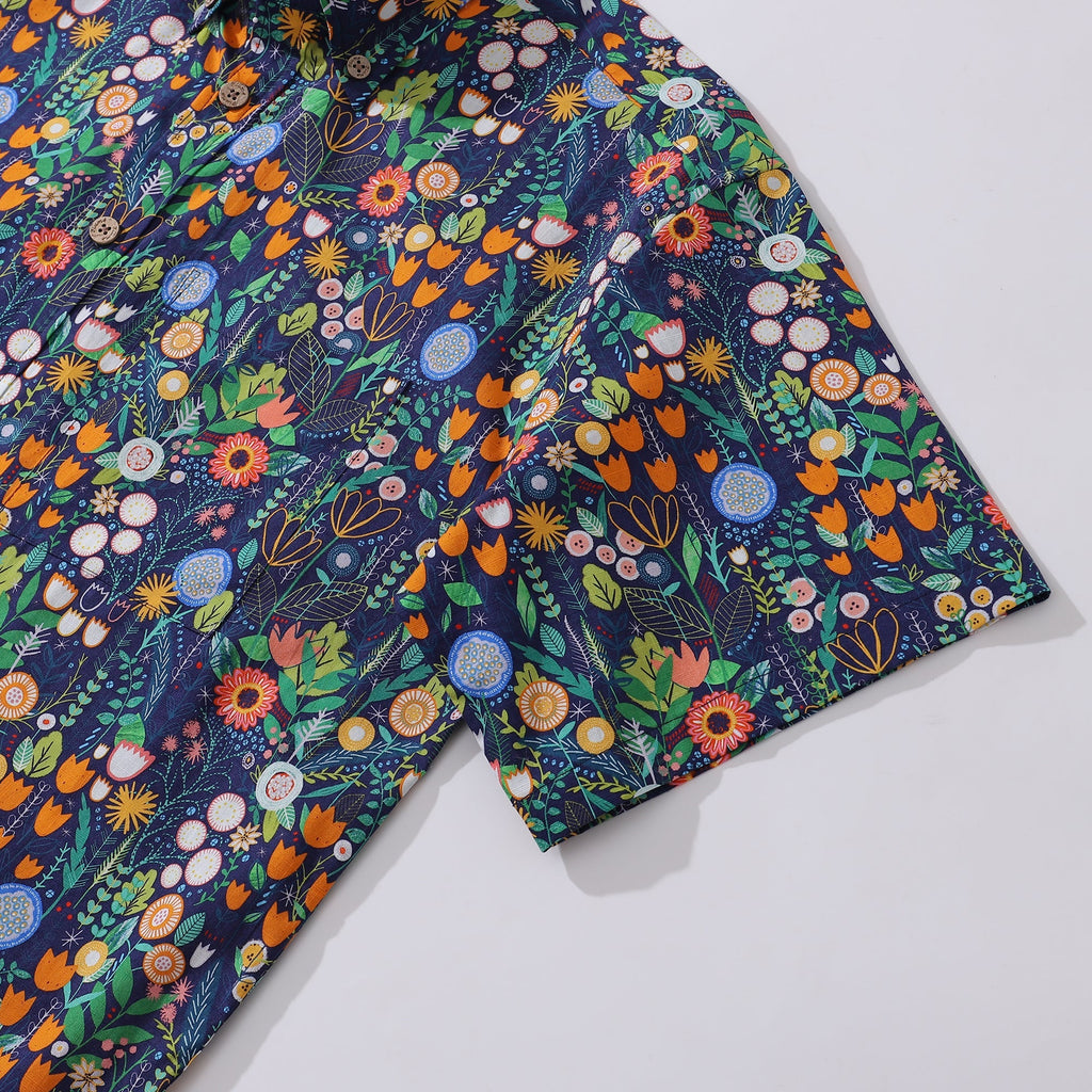 Floral Print Short Sleeve 100% Cotton Button-Down Hawaiian Shirt