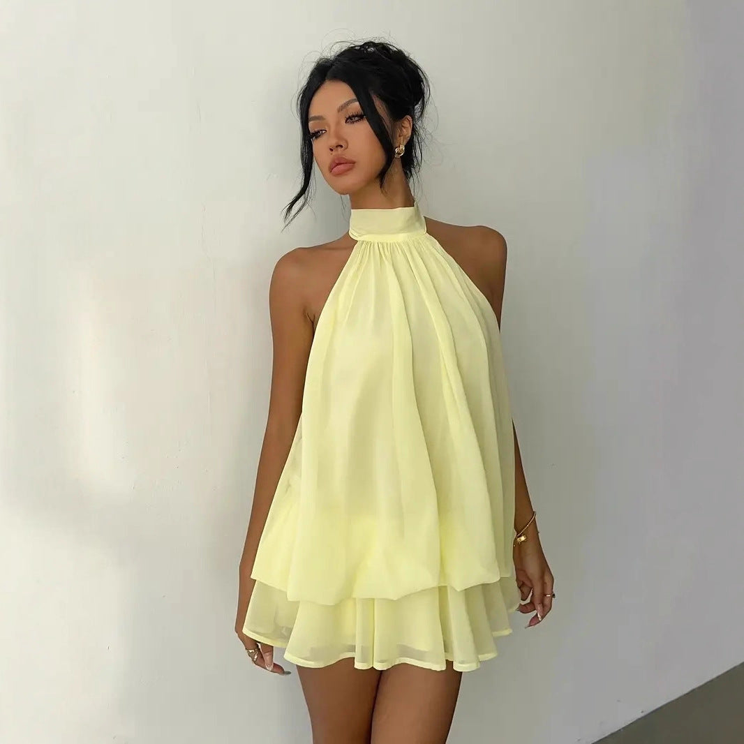 Backless Halter Neck High-Waist Mini Dress with Puffy Skirt