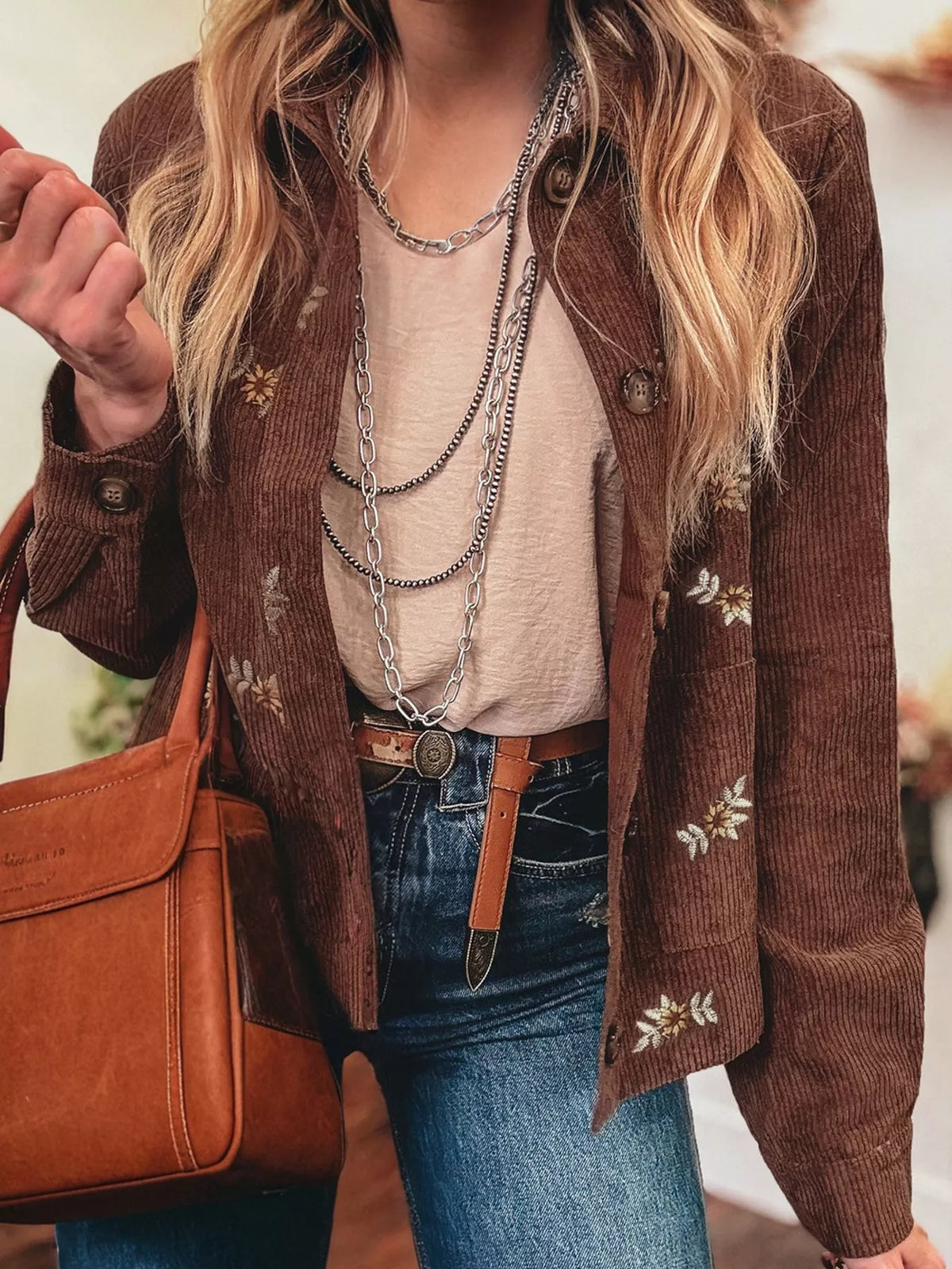 Floral Embroidered Collar Button Front Corduroy Jacket
