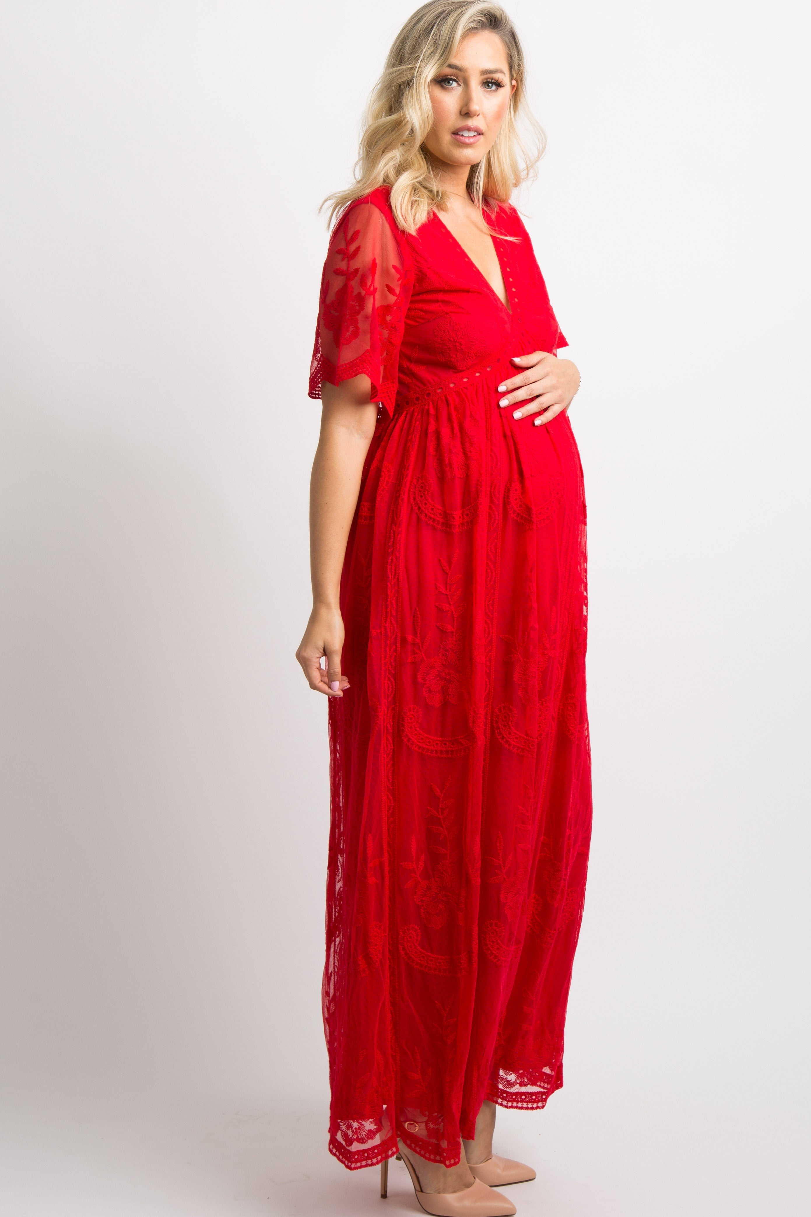 PinkBlush Red Lace Mesh Overlay Maternity Maxi Dress