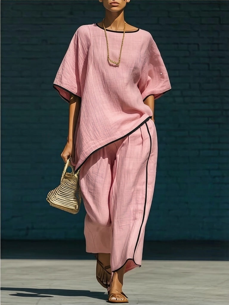 Women's Loose Linen-Blend Short Sleeve Top and Pant Set - Image 8
