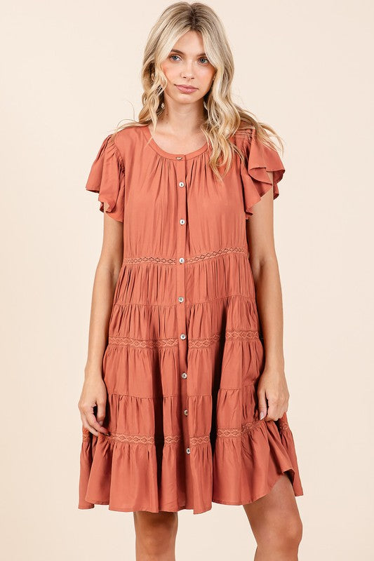 Lace Detail Ruffled Tiered Button Down Dress in Rust