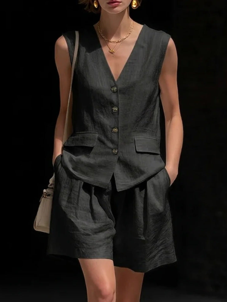 Women Cotton Linen Sleeveless Button Vest and Shorts Set - Image 6