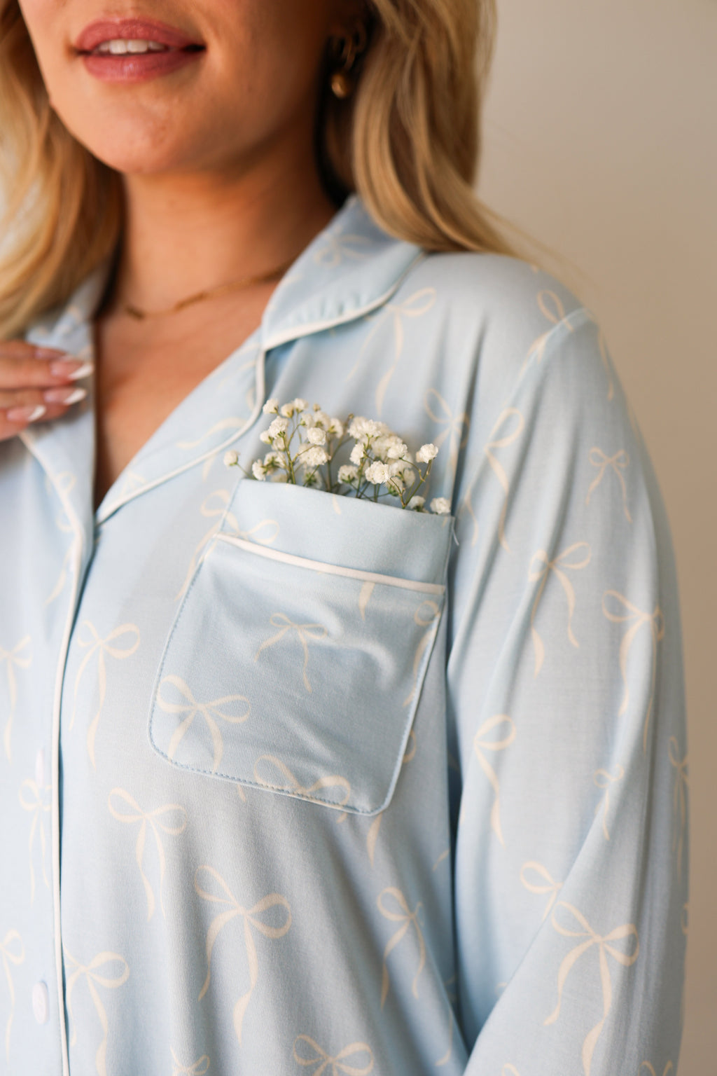 Women's Bamboo Button Up Lounge Set in Blue Bows Pattern