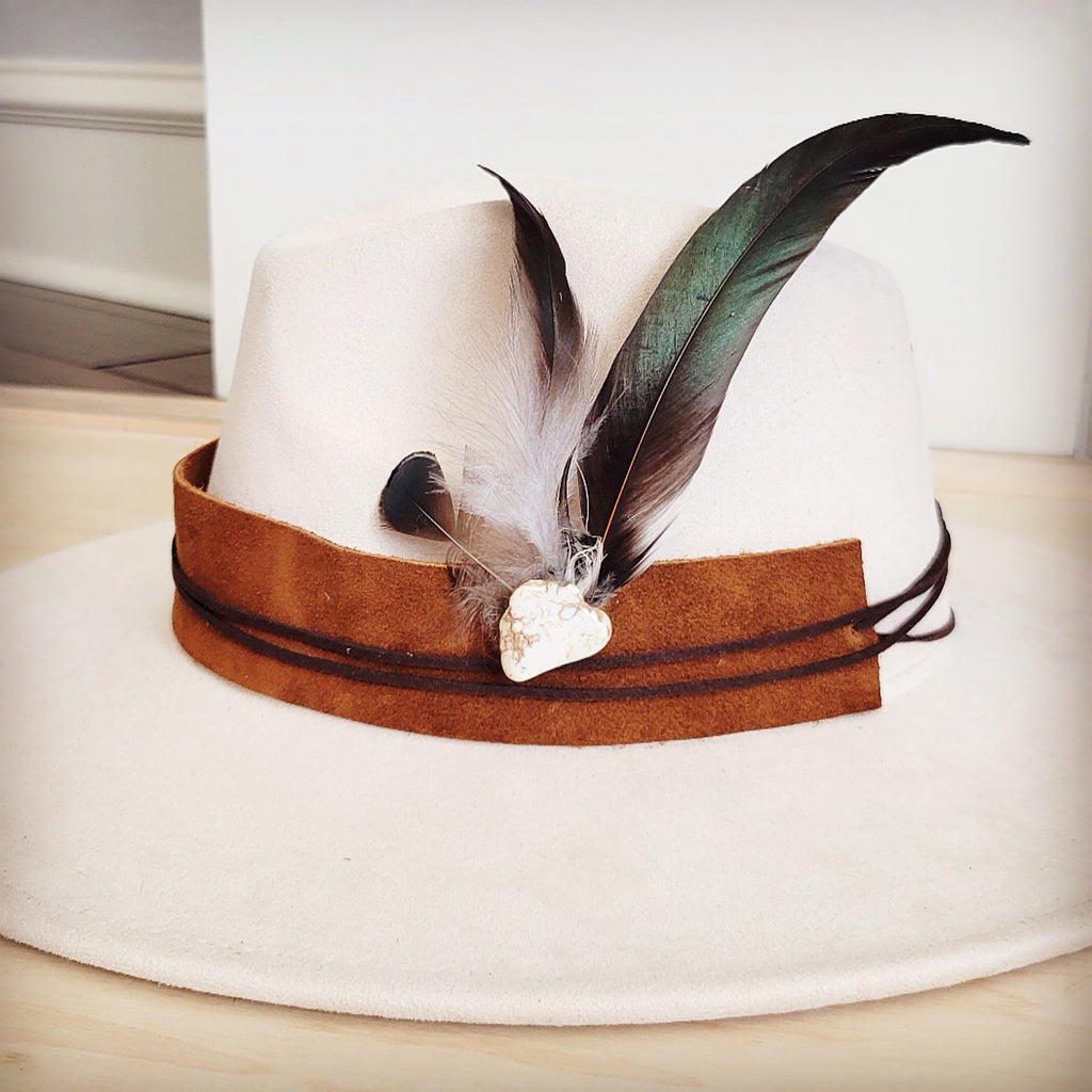 Clip-on hat band with olive feathers and white turquoise stone, shown on a neutral felt hat.