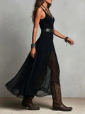 Black Mesh Strap Maxi Dress V-Neck Pleated Chiffon Evening Gown