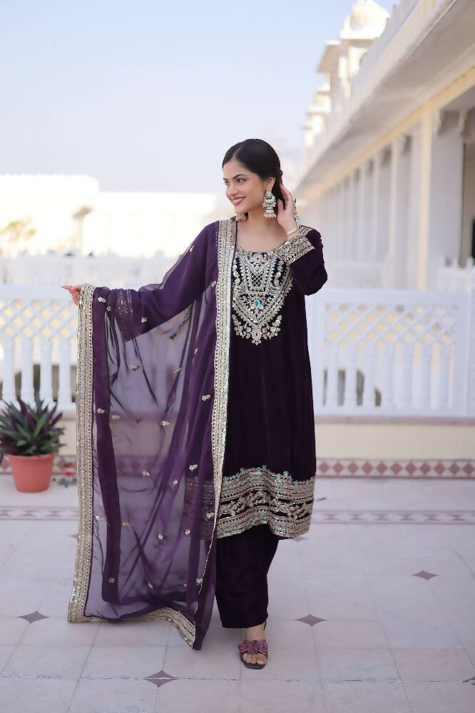 Wine Velvet Kurta Set with Intricate Sequins and Zari Embroidery